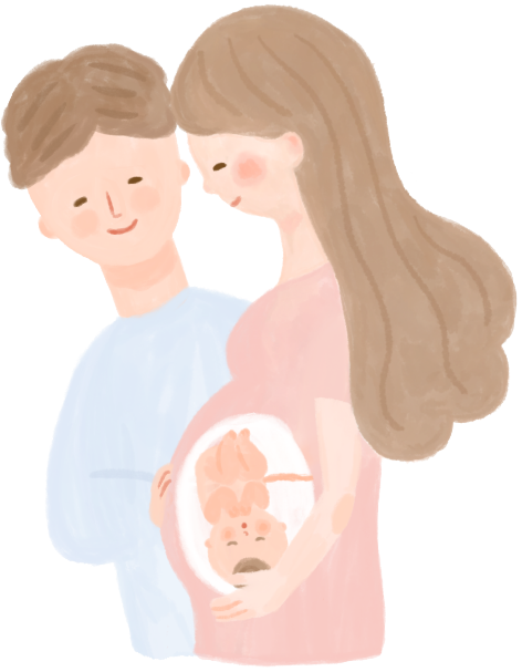 妊婦さんとお腹に手を置く旦那さん、お腹には赤ちゃんがいるイラスト